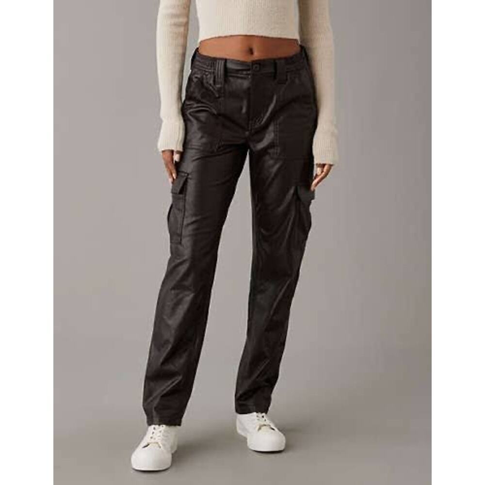 NWT American Eagle Stretch High-Waisted Vegan Leather Straight Cargo Pant Brown